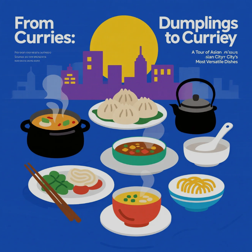 Variety of Asian dishes including dumplings, curries, and street food on a vibrant table
